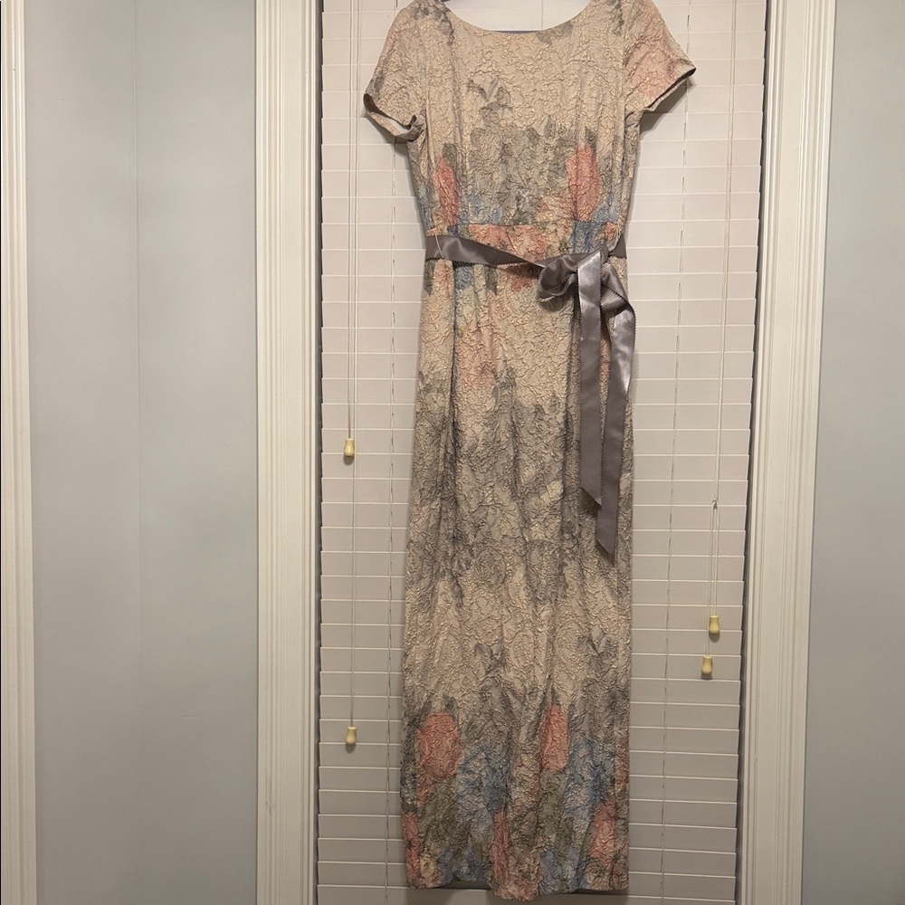 Adrianna Papell Beige Floral Lace Maxi Dress with Silver Satin Tie